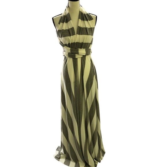 Estam Maxi Dress Womens L Gray White Stripe Tie Wrap Jersey Sleeveless A-Line - Picture 1 of 7